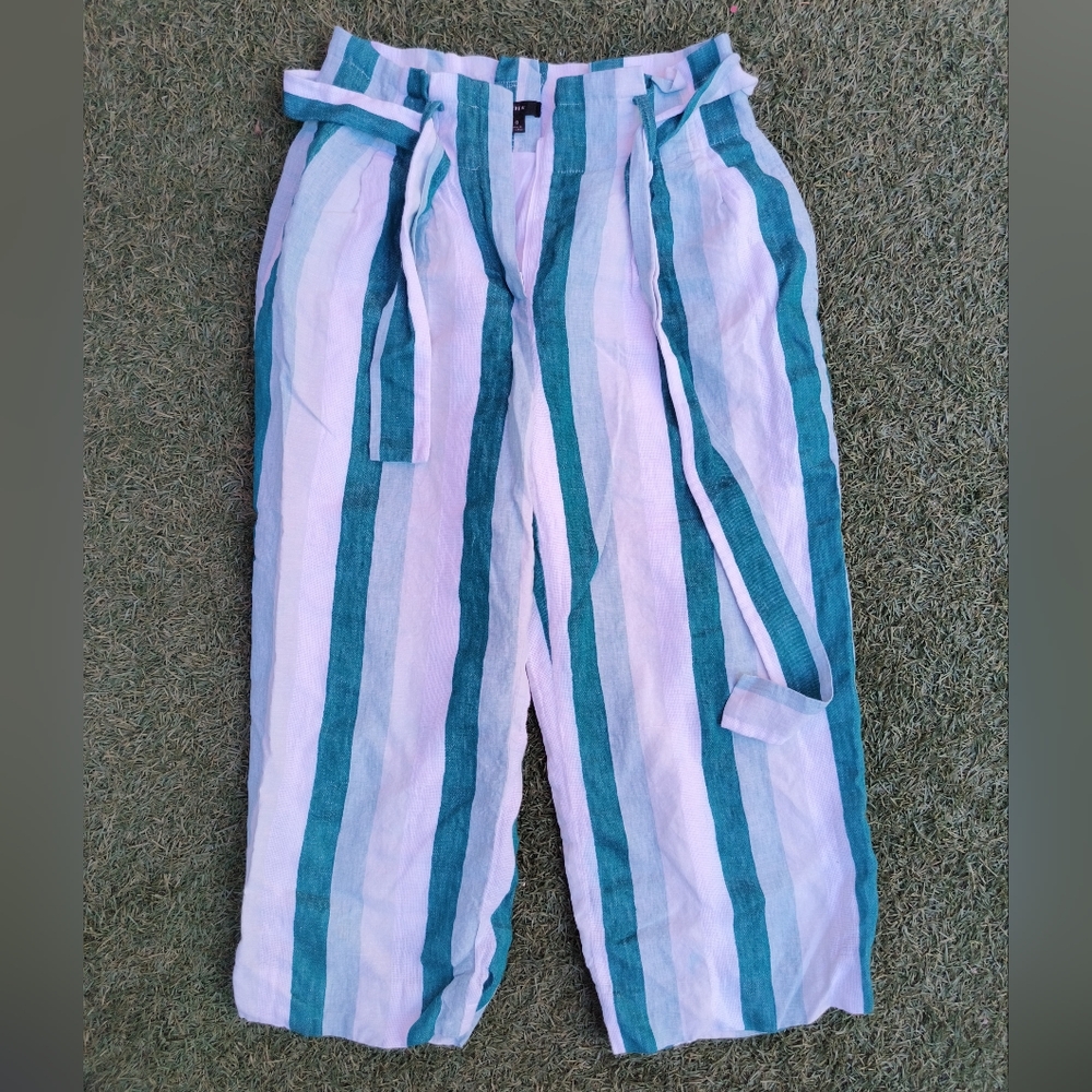 J. Crew White and Teal Green Striped Wide Leg Linen Pants